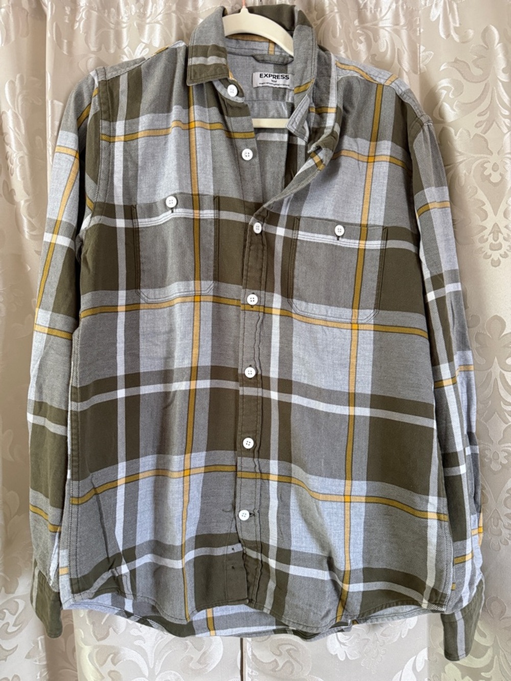 Express Olive Grayt Plaid Shirt with Mustard Stripe/E042